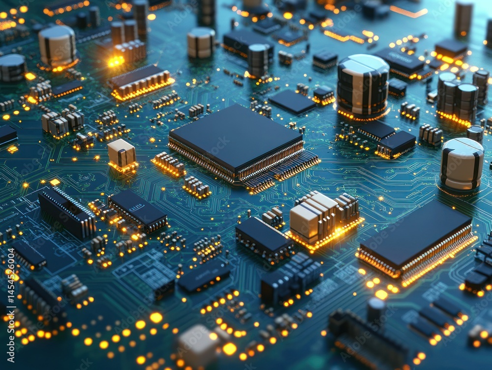 Close-up circuit board with glowing components and intricate wiring details Close-up circuit board with glowing components and intricate wiring details