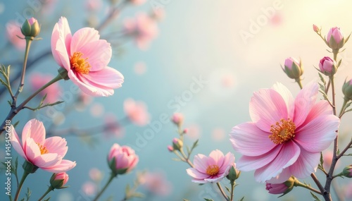 Soft pastel floral tapestry, delicate blossoms & flowing stems , elegant, floral, delicate