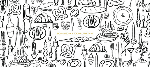 Isolated vector set of hygge cozy homedecor. Decor. Candles, food, restaurant, dishes, baguette, candelabra, France, breakfast, wine, bow, cutlery. Menu and decoration of the party. Hand drawn doodles