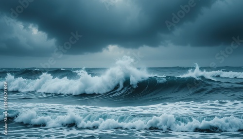 Turbulent ocean waves crash under a heavy, overcast sky, creatin
