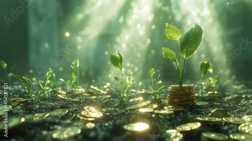 Saplings sprout from coins in sunlit forest; financial growth concept