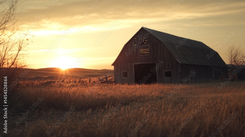 Obraz premium Rustic barn at sunset in a golden field.