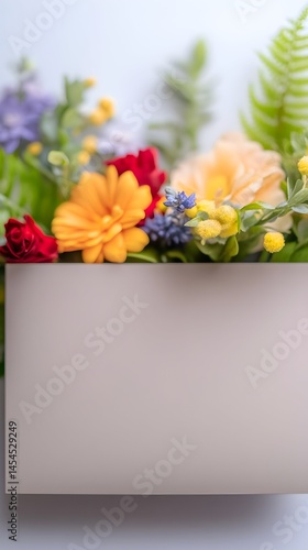 Vibrant wildflowers overflowing from a pale box against a soft blue backdrop