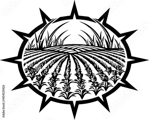 SVG design highlighting an eco-friendly lifestyle. Black and White Illustration of Crops in Field with Sun Rays