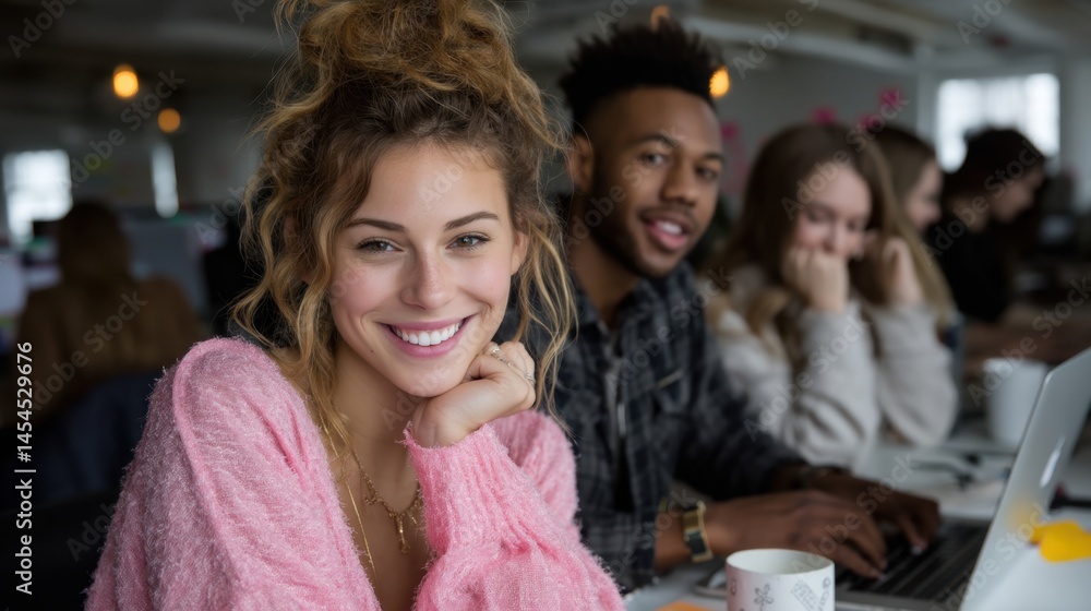 Group of diverse young adults working together in a modern office space, smiling and sharing ideas Group of diverse young adults working together in a modern office space, smiling and sharing ideas
