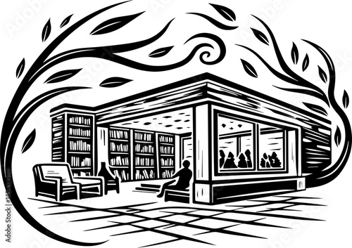 SVG design highlighting an eco-friendly lifestyle. Modern Library Interior with Comfortable Seating and Large Windows