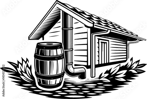 SVG design highlighting an eco-friendly lifestyle. Rustic Wooden Cabin with Barrel and Gutter in Black and White Style