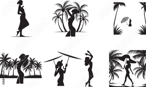 Silhouettes of Women at the Beach with Palm Trees and Umbrellas