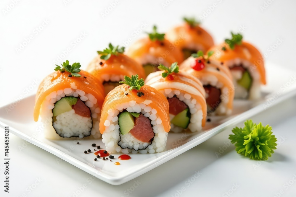 Assorted sushi rolls on white, garnished with wasabi , california roll, plate Assorted sushi rolls on white, garnished with wasabi , california roll, plate