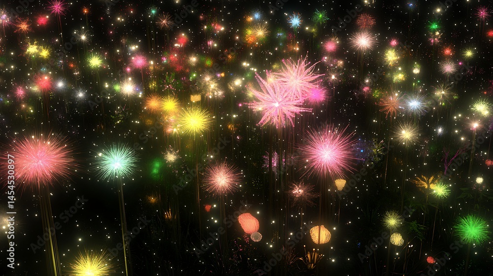Fototapeta premium Vibrant field of glowing flowers in a starry night, creating a magical, enchanting atmosphere