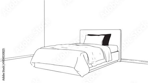 Minimalist vector sketch of a cozy bedroom with a bed and pillow, ideal for interior design or home decor concepts. Perfect for architecture or furniture themes
