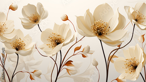 Seamless repeating floral pattern featuring minimalistic monochrome white flowers, ideal for modern wallpaper, banners, and minimalistic decoration.

