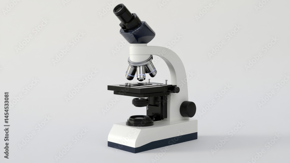 Microscope with multiple lenses placed on a clean surface for scientific observation in a laboratory setting Microscope with multiple lenses placed on a clean surface for scientific observation in a laboratory setting