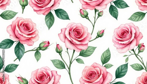Delicate watercolor rose buds & leaves, repeating pattern, vintage, wallpaper pattern