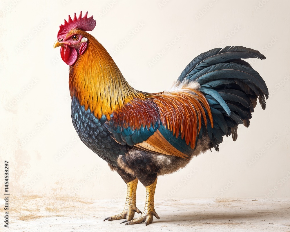Fototapeta premium Colorful rooster with red comb, detailed feathers, standing against beige background