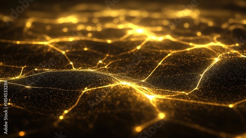 Golden connections illuminate a textured surface at dusk in a mesmerizing display of light and shadow