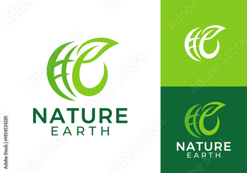 leaf nature with globe logo vector design inspiration