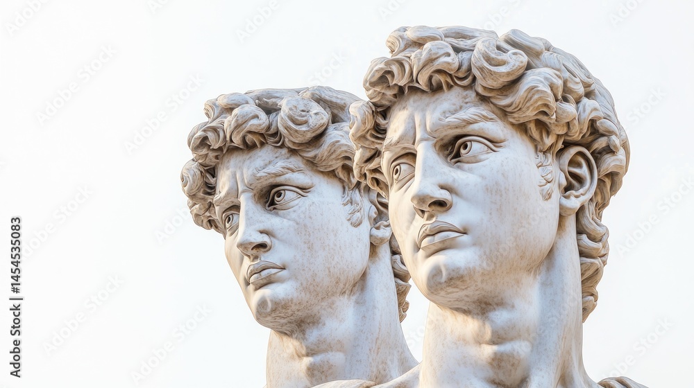 Close-up of two classical marble sculptures, depicting male heads with detailed facial features and curly hair, set against a bright white background. Close-up of two classical marble sculptures, depicting male heads with detailed facial features and curly hair, set against a bright white background.