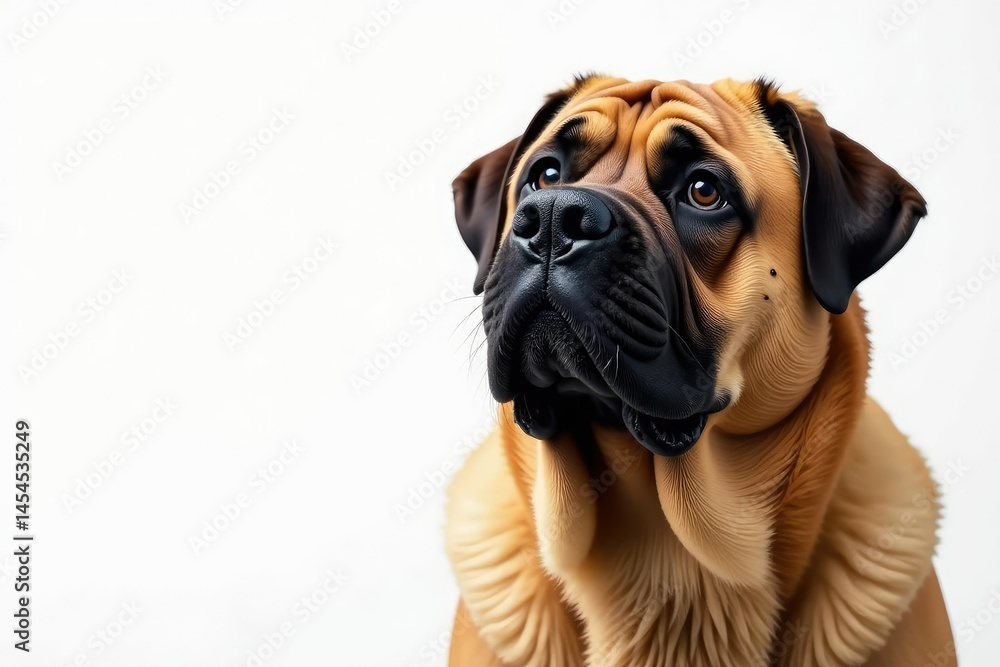 Imposing Mastiff, head tilted, pure white backdrop, canine profile, pet Imposing Mastiff, head tilted, pure white backdrop, canine profile, pet