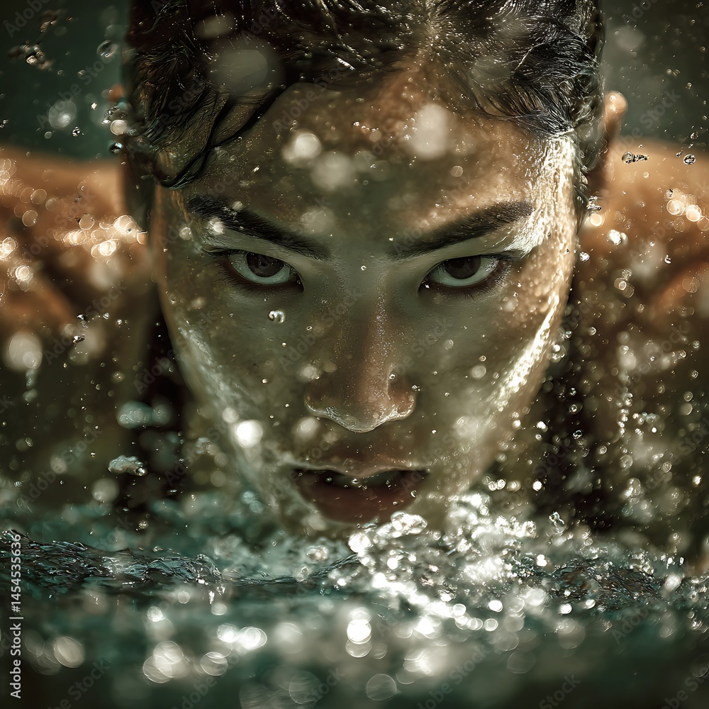 Determined swimmer emerges from the water surface Determined swimmer emerges from the water surface
