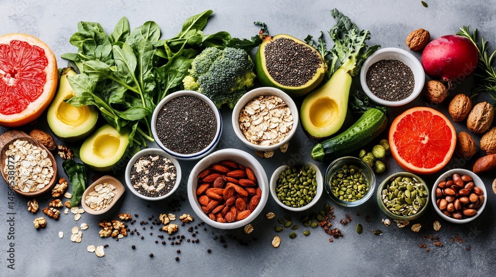 Assortment of Wholefoods on Gray Background for Healthy Lifestyle Concept Assortment of Wholefoods on Gray Background for Healthy Lifestyle Concept