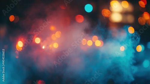 Abstract smoky background with blurred colorful lights.