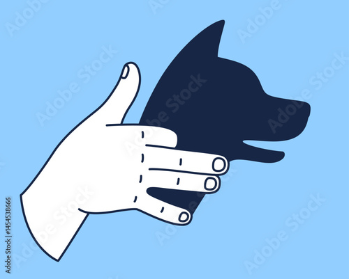 Hand gesture casting shadow of barking dog  head silhouette. Shadow puppet vector illustration.