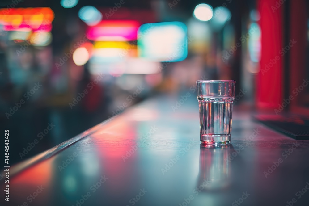 Lonely glass of water on bar counter with neon light reflections in moody evening atmosphere Lonely glass of water on bar counter with neon light reflections in moody evening atmosphere