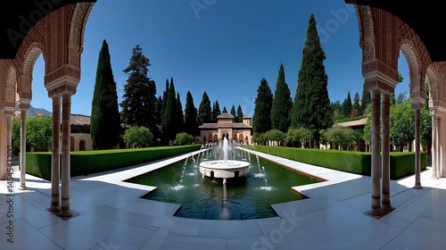 Alhambra Palace Gardens Spanish Fountain  Cypress Trees.