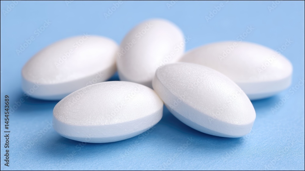 White oval tablets placed on a light blue background for medical purposes and education White oval tablets placed on a light blue background for medical purposes and education
