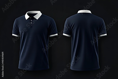 Navy blue polo shirt with white collar and cuffs, shown front and back (1)