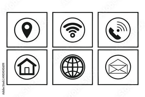 Web communication contact icon set ui symbols for location, wifi, home, email on a white background