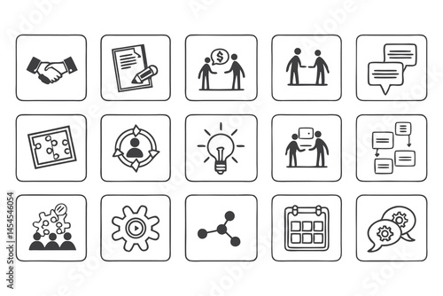 Business collaboration & project management icon set line art symbols for teamwork & strategy on a white background