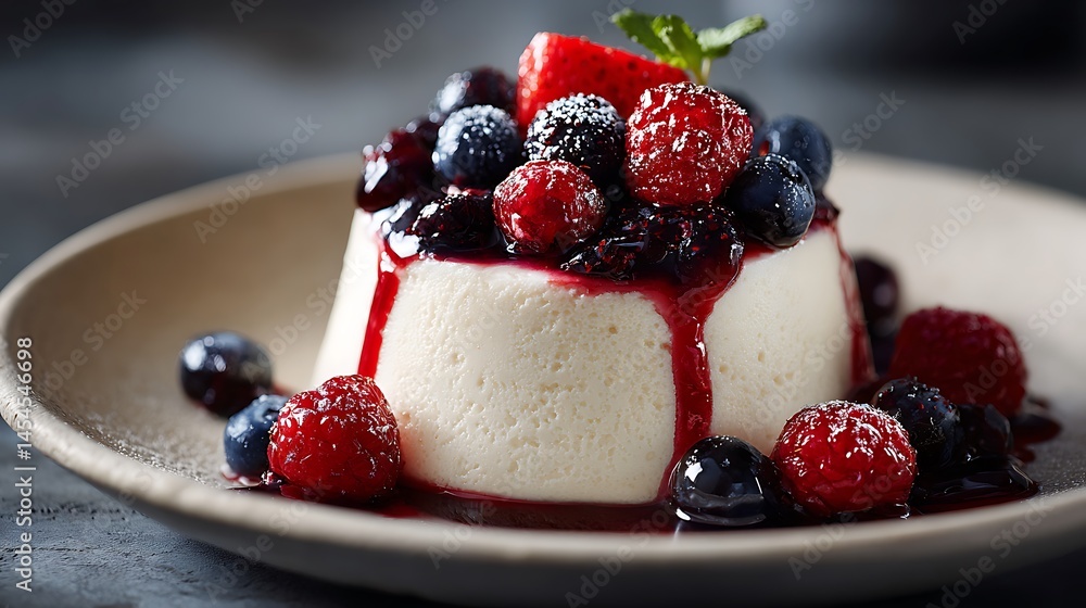 Front view of a Greek yogurt panna cotta dessert Front view of a Greek yogurt panna cotta dessert