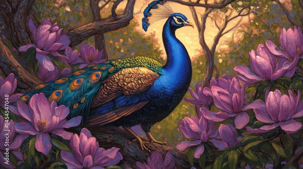 Fototapeta premium Majestic peacock perched amidst a floral display.