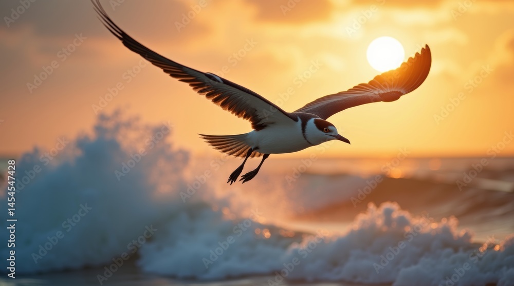 Naklejka premium High-resolution stock photo of a majestic bird, such as a seagull or albatross, soaring overhead, its wings fully extended, with the warm golden light of dawn casting a gentle glow on its feathers