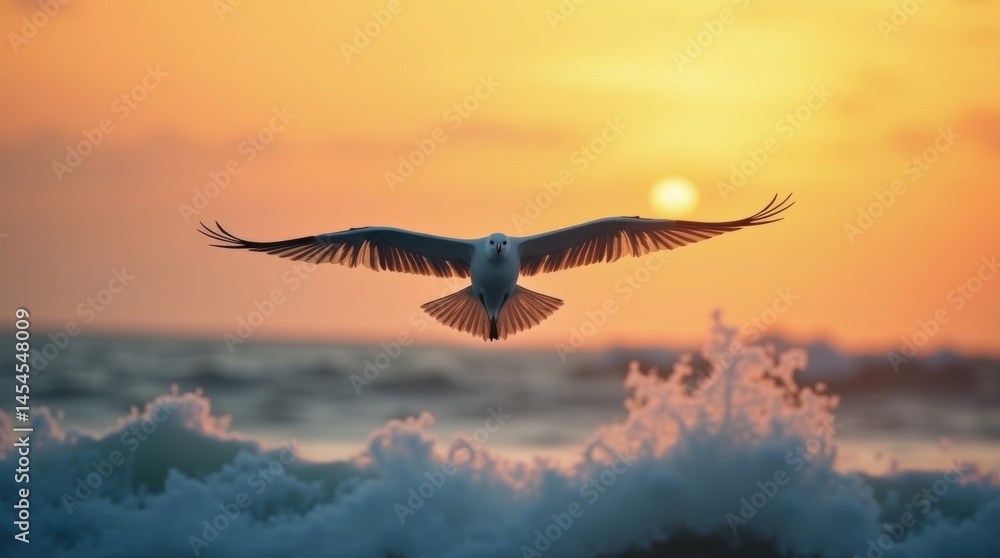 Fototapeta premium High-resolution stock photo of a majestic bird, such as a seagull or albatross, soaring overhead, its wings fully extended, with the warm golden light of dawn casting a gentle glow on its feathers
