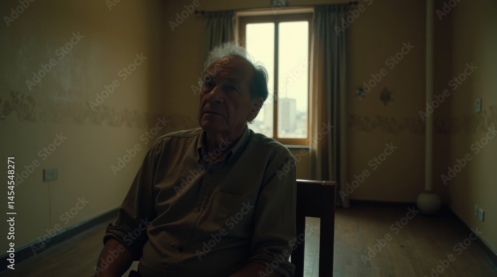 High-resolution stock photo of a melancholic atmosphere: a solitary man in his mid-30s with a worn, exhausted expression, sitting on a worn wooden chair in a dimly lit, empty room with faded walls High-resolution stock photo of a melancholic atmosphere: a solitary man in his mid-30s with a worn, exhausted expression, sitting on a worn wooden chair in a dimly lit, empty room with faded walls