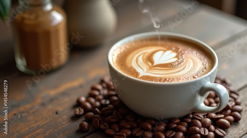 High-resolution stock photo of a steaming cup of freshly brewed coffee positioned centrally on a rustic, weathered wooden table, with an emphasis on the intricate texture of the coffee beans