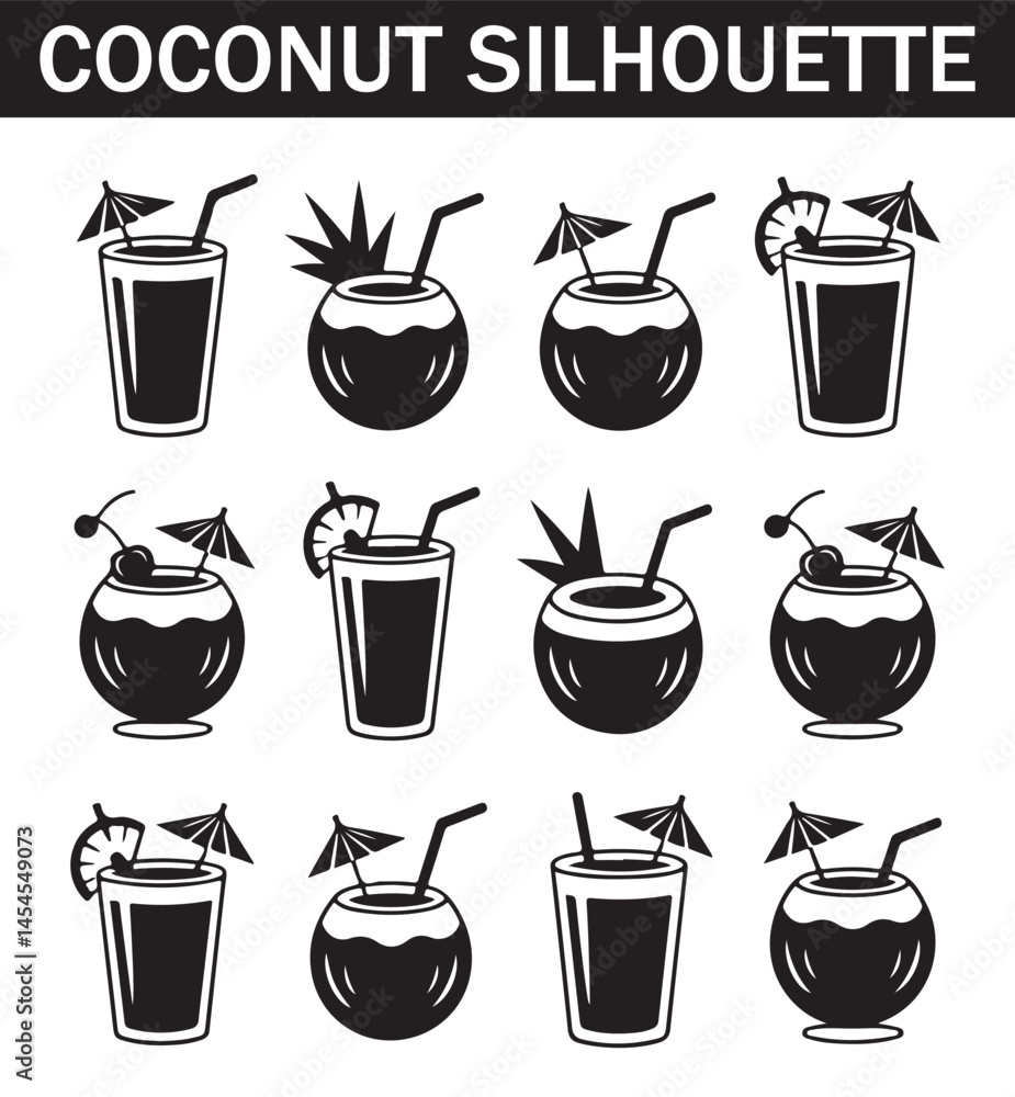 Fototapeta premium Silhouette of an exotic coconut cocktail with a straw and lime slice, designed for tropical drink graphics.