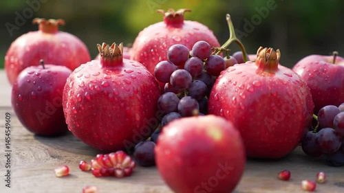 Vibrant still life of freshly picked pomegranate, grape and apples on wood surface