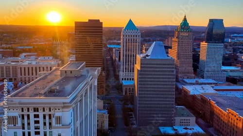 Downtown city skyline with spectacular sunrise view over raleigh north carolina usa