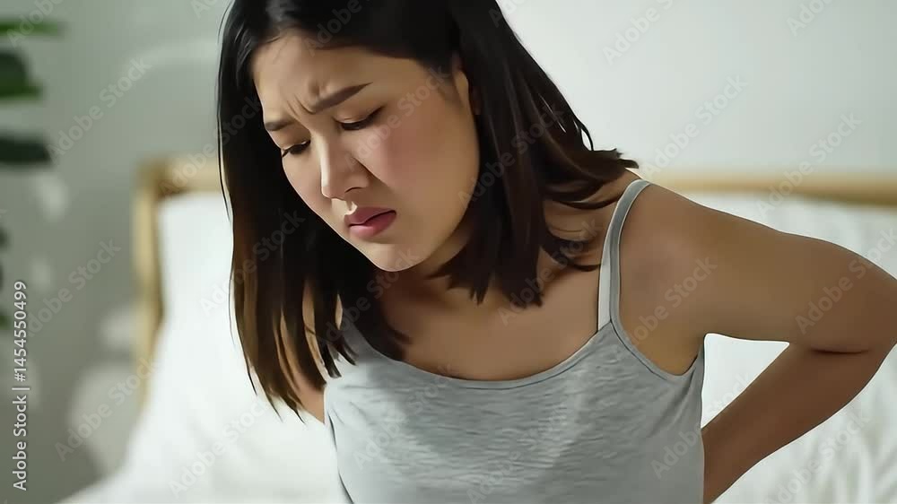 Young woman experiencing back pain while sitting on a bed in a bright, minimalist bedroom Young woman experiencing back pain while sitting on a bed in a bright, minimalist bedroom