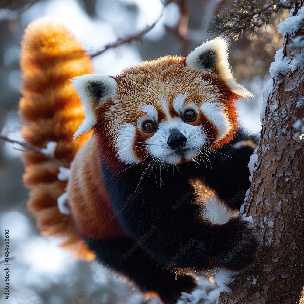 Fototapeta premium Red Panda in a Snowy Tree