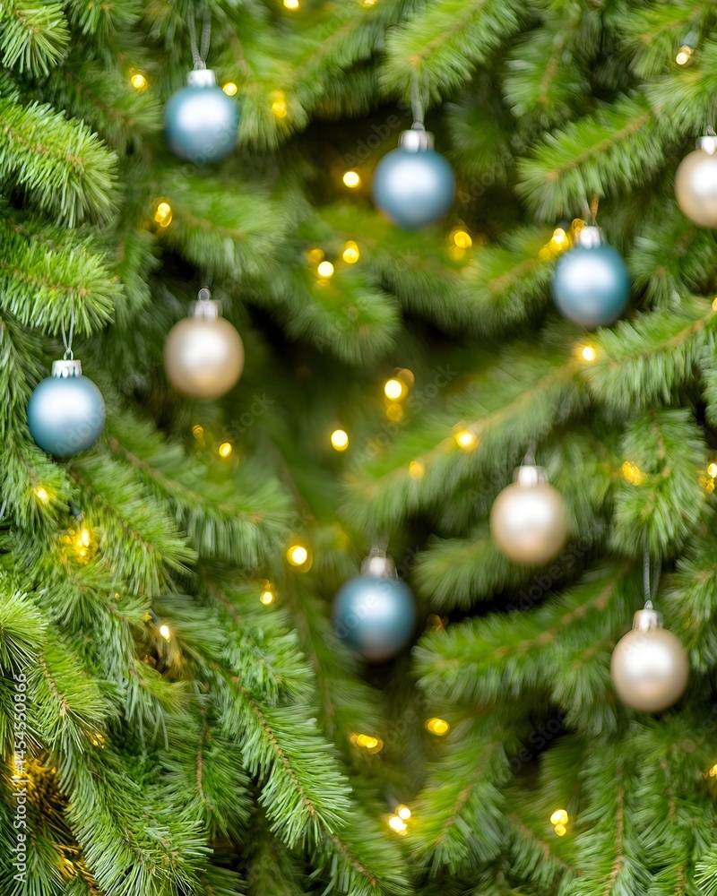 Obraz premium Festive Christmas tree adorned with teal and ivory ornaments and warm fairy lights