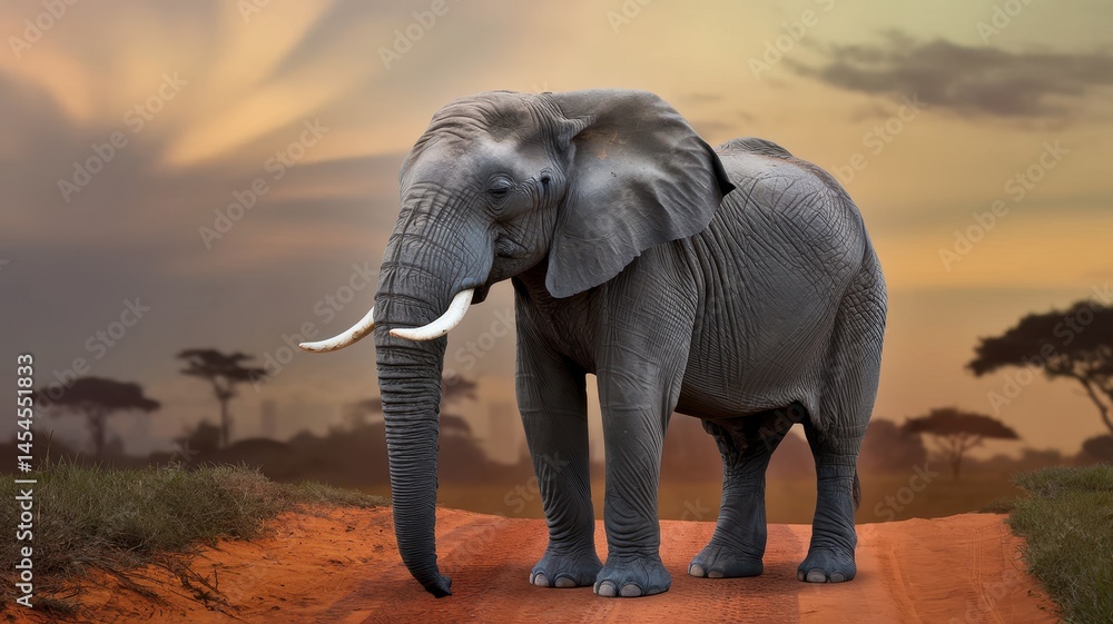 Obraz premium African elephant standing on red dirt road at dusk with acacia trees