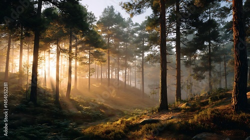 Golden sunrise illuminates a tranquil forest scene