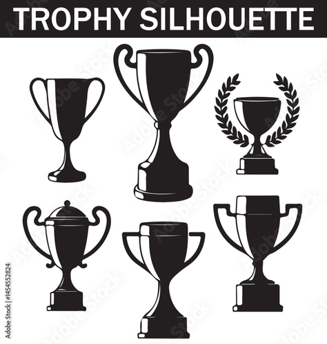 Collection of various black silhouette trophy icons depicting different shapes, sizes, and angles for award and recognition design purposes.