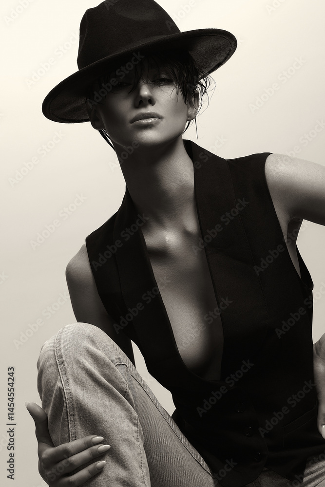 Monochrome portrait of Young Sexy Woman in hat