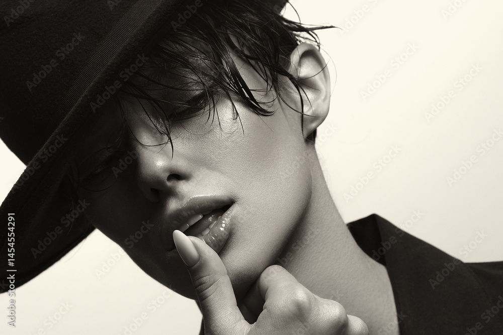 Monochrome close-up portrait of Young Woman in hat